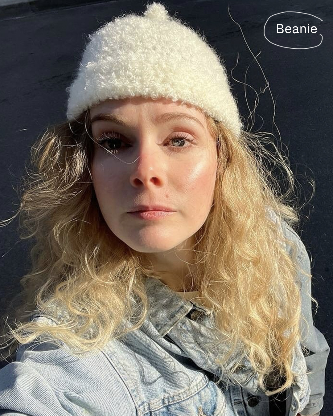 White bouclé crochet beanie, sunny outdoor selfie